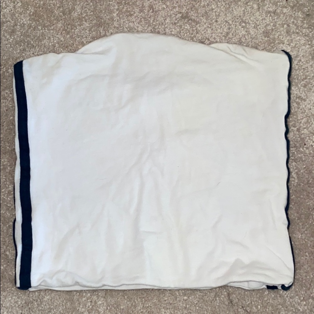 White tube top with two blue stripes.